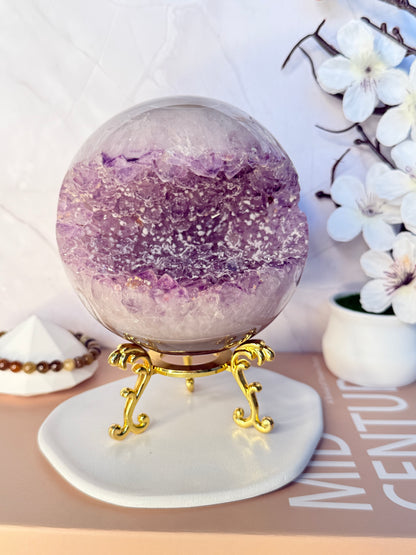 Ethereal Veil Large Super Druzy Amethyst Sphere – Brazilian with Calcite Inclusions