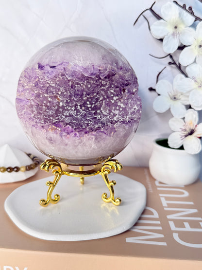 Ethereal Veil Large Super Druzy Amethyst Sphere – Brazilian with Calcite Inclusions