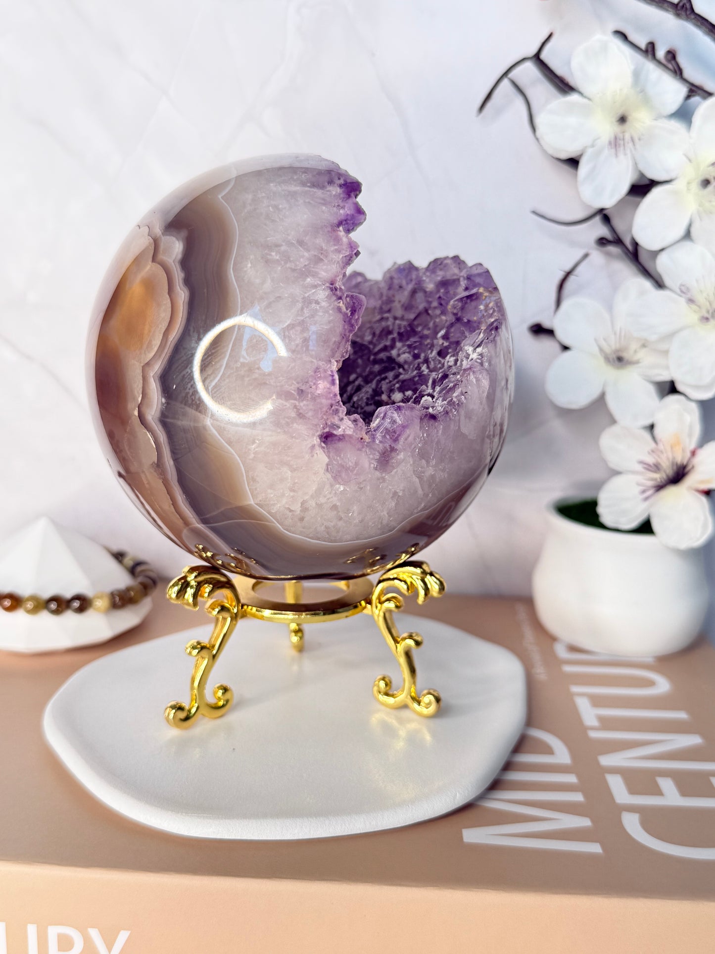 Ethereal Veil Large Super Druzy Amethyst Sphere – Brazilian with Calcite Inclusions