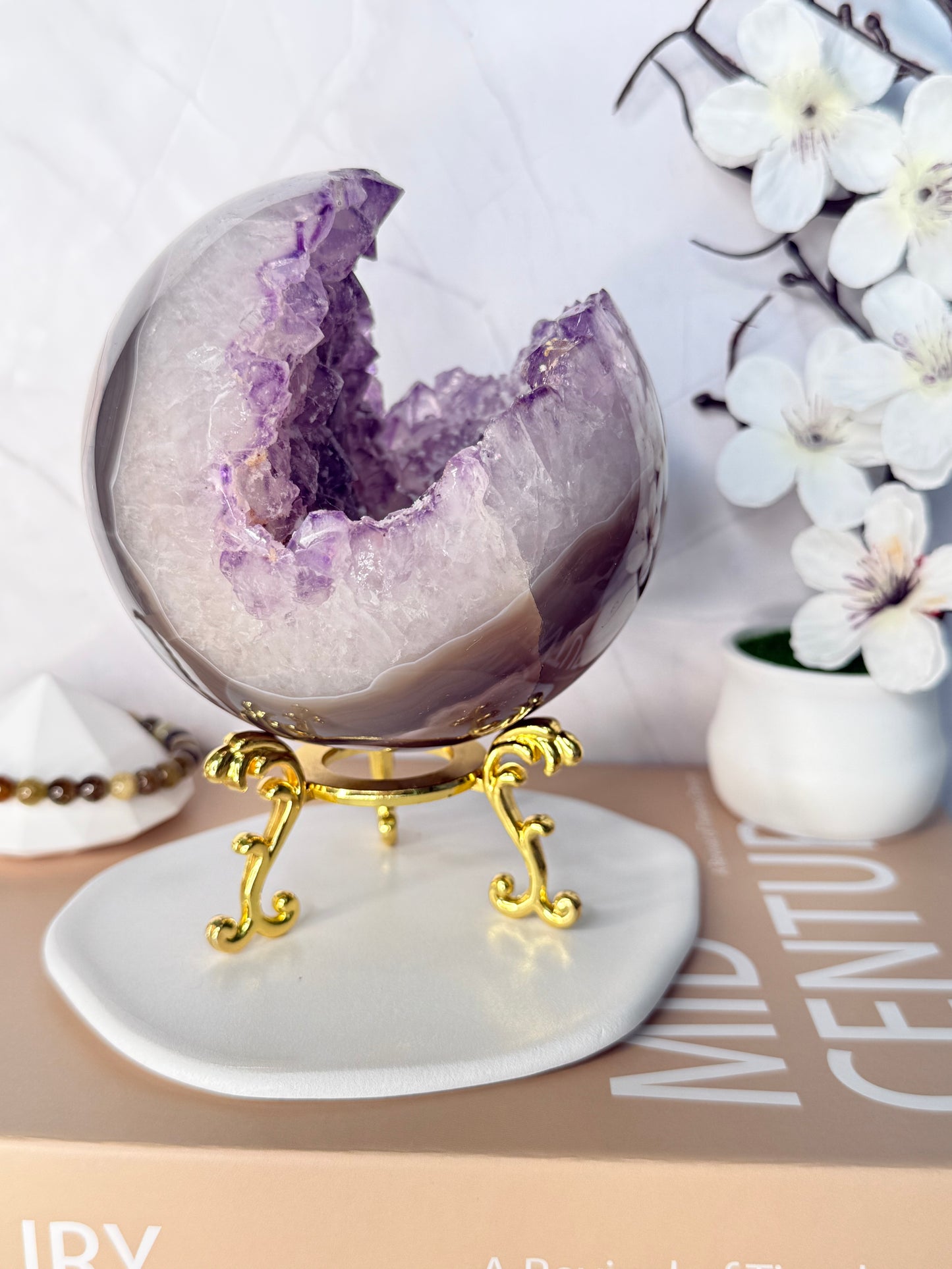Ethereal Veil Large Super Druzy Amethyst Sphere – Brazilian with Calcite Inclusions