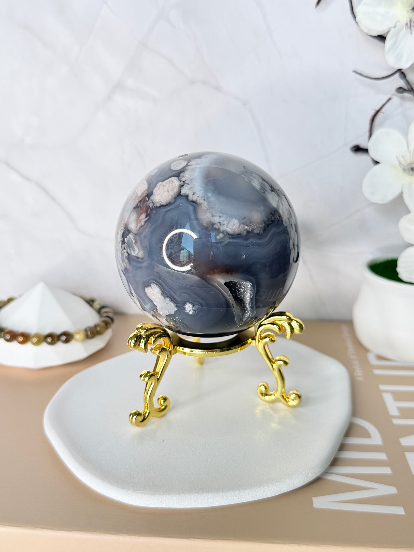 Black Flower Agate Sphere – Stone of Growth, Balance & Transformation | Handpicked Crystal Ball for Strength, Protection & Inner Peace - Auralis Crystals