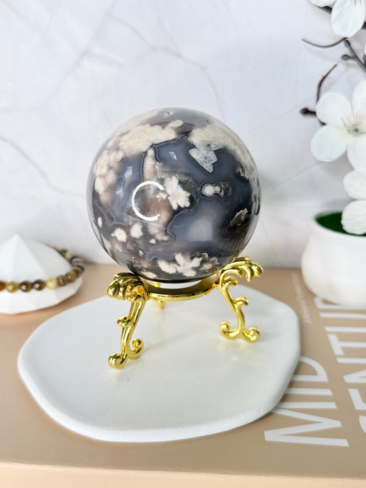 Black Flower Agate Sphere – Stone of Growth, Balance & Transformation | Handpicked Crystal Ball for Strength, Protection & Inner Peace