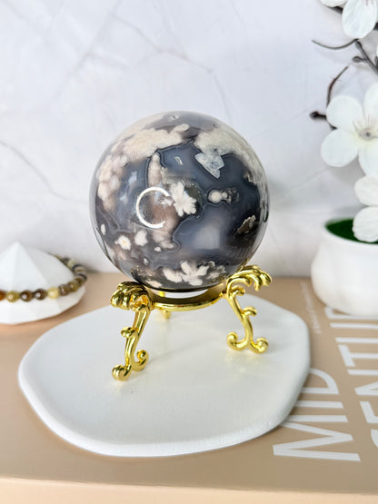 Noir Bloom Black Flower Agate Sphere - Auralis Crystals