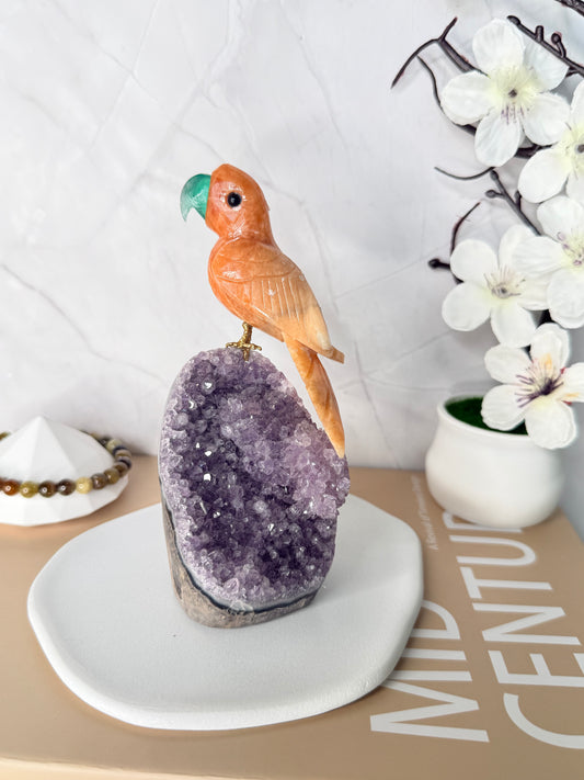Solar Whisper Amethyst Cutbase with Sunstone Bird – Brazilian
