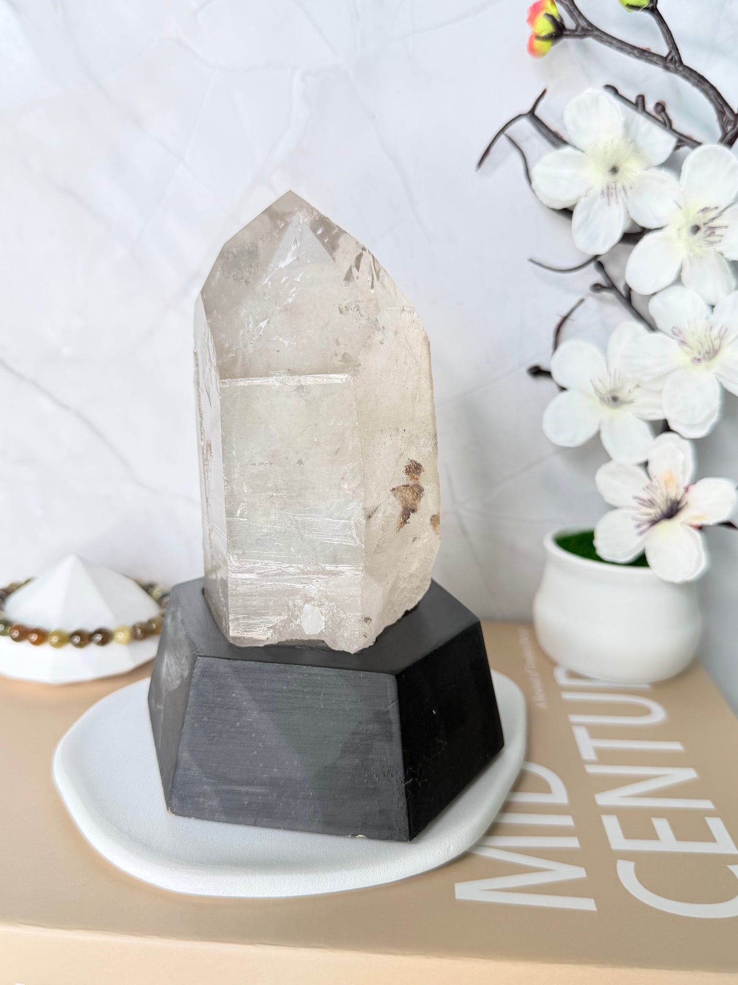 Large Clear Quartz Point on Wooden Base - Auralis Crystals