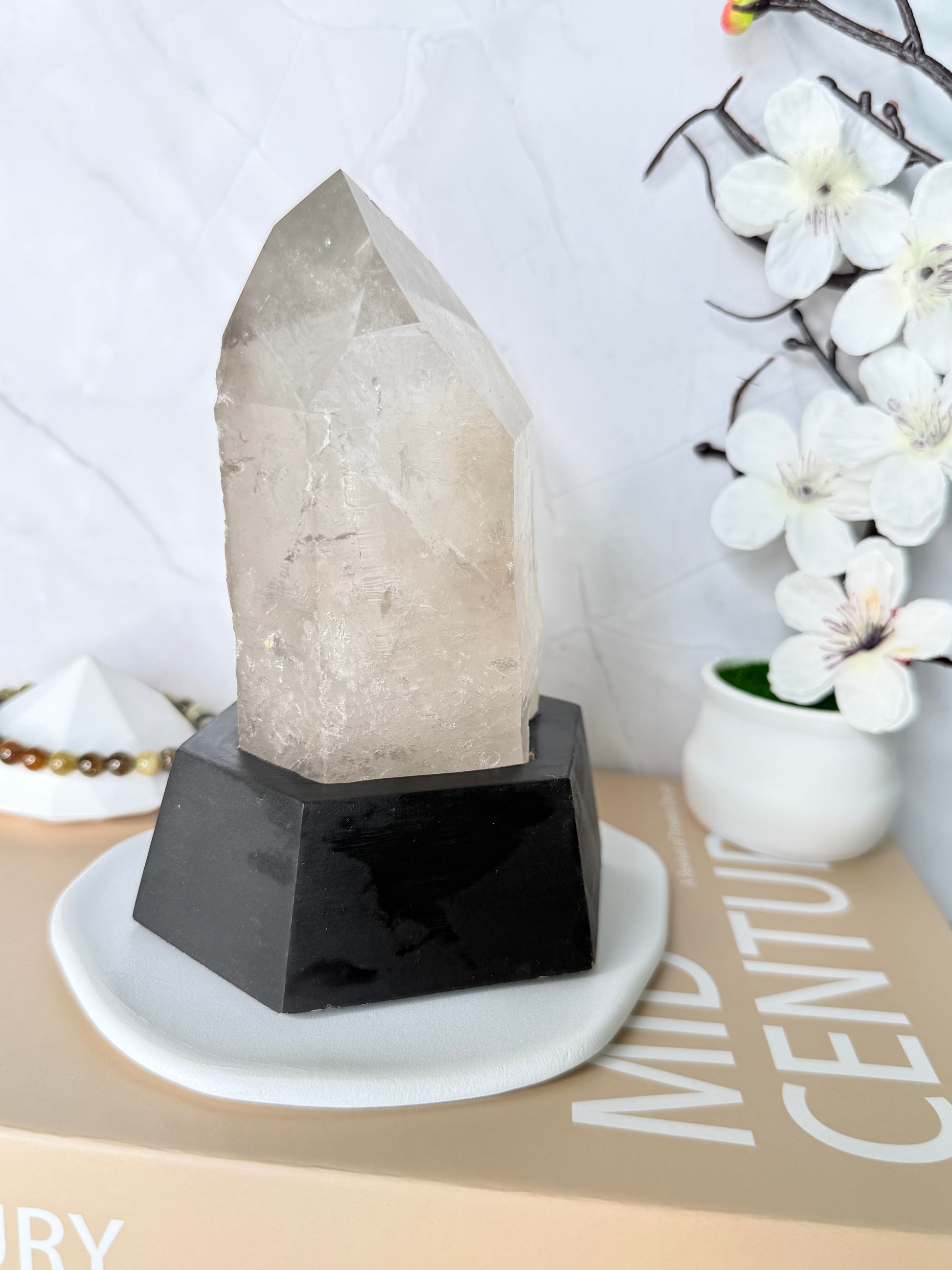 Large Clear Quartz Point on Wooden Base - Auralis Crystals