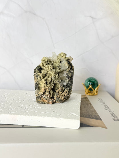 Forest Green Chalcedony with Dogtooth Calcite Raw Specimen (Jalgaon Mine, Maharashtra, India)