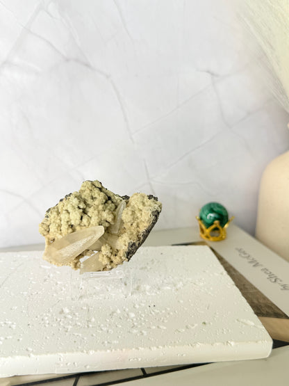 Forest Green Chalcedony with Dogtooth Calcite Raw Specimen (Jalgaon Mine, Maharashtra, India)