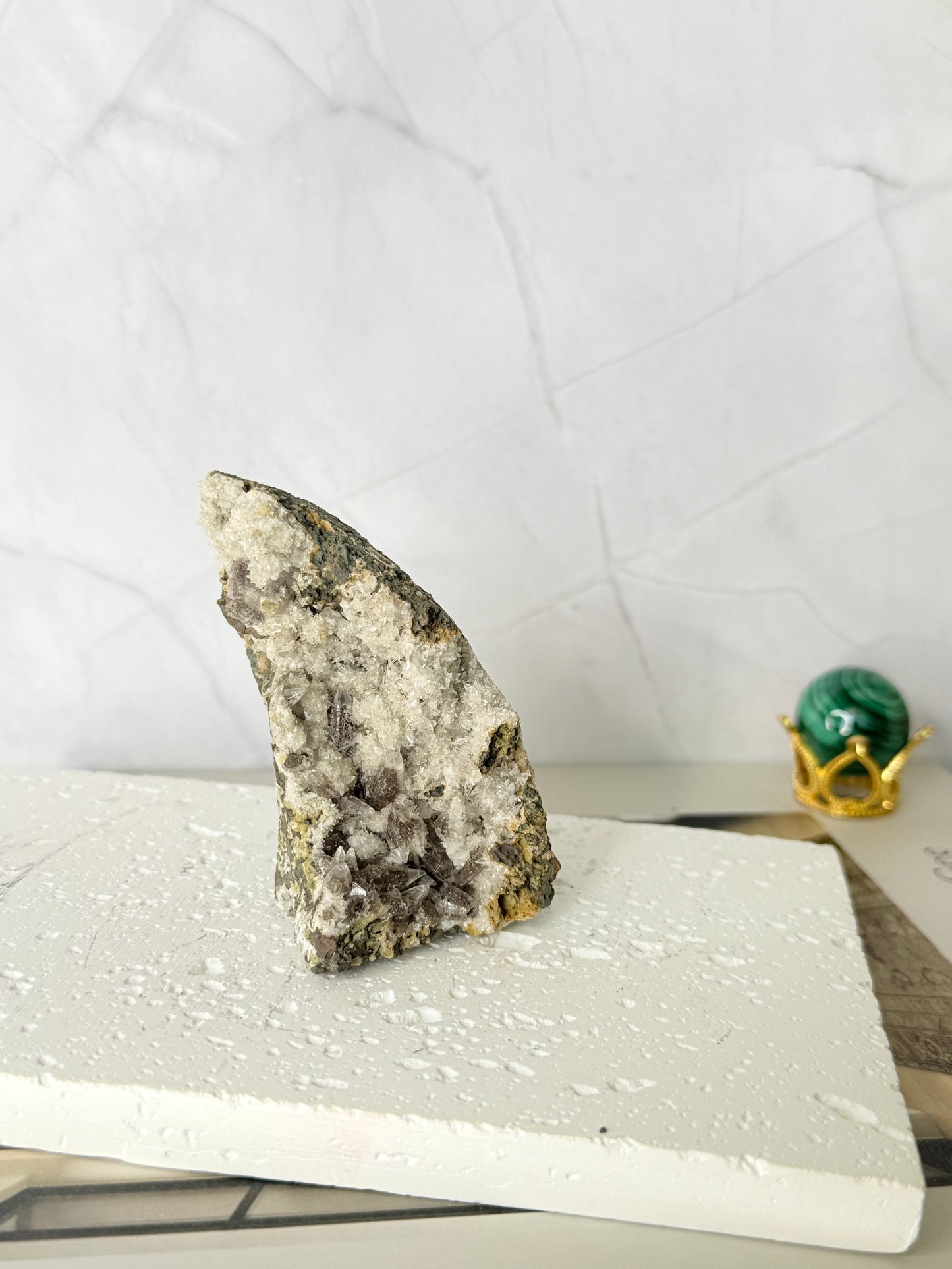 Forest Green Chalcedony with Dogtooth Calcite Raw Specimen (Jalgaon Mine, Maharashtra, India)