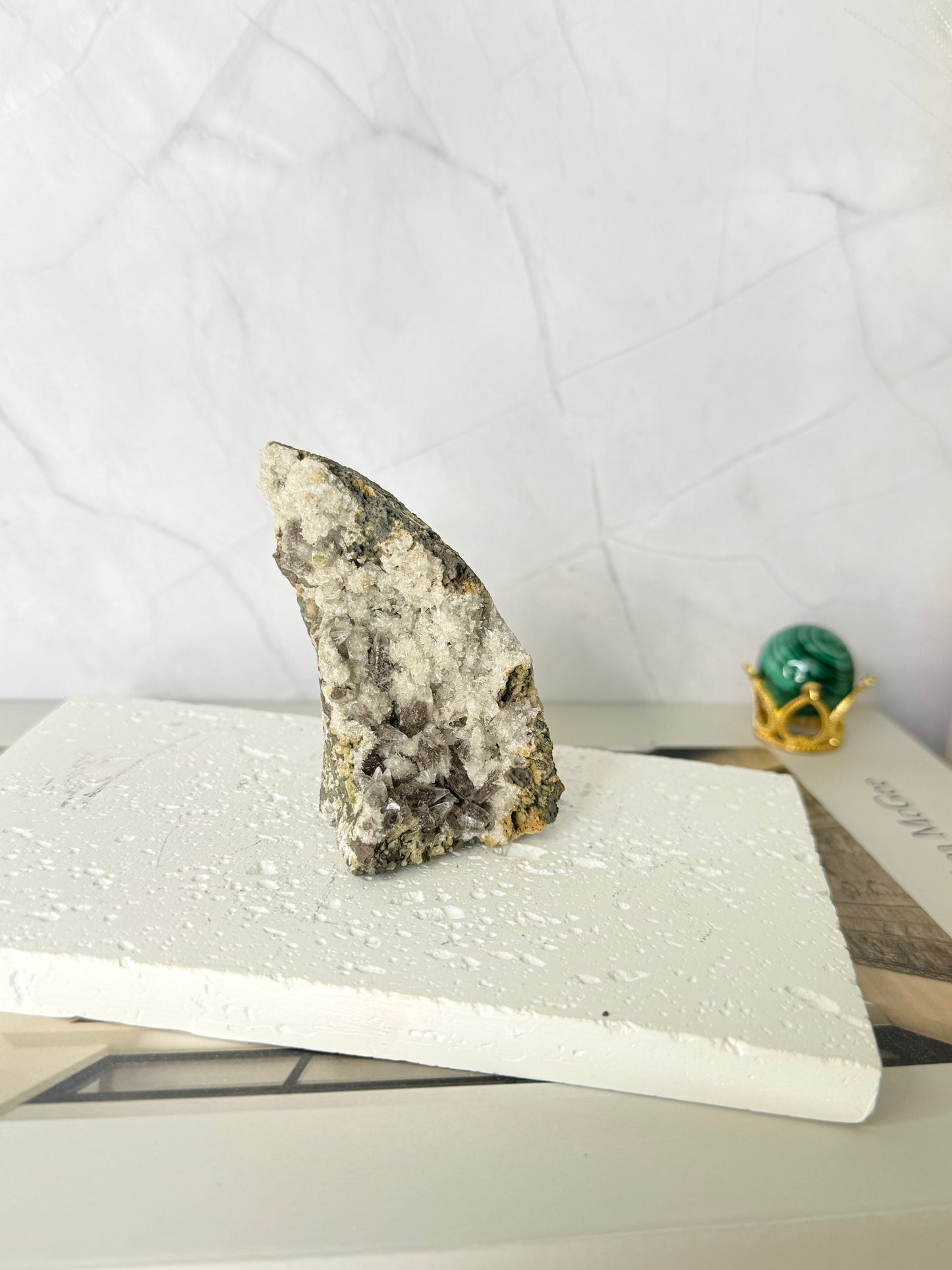 Forest Green Chalcedony with Dogtooth Calcite Raw Specimen (Jalgaon Mine, Maharashtra, India)