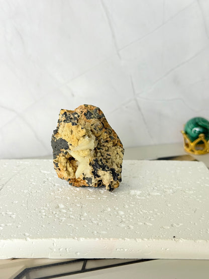 Forest Green Chalcedony with Dogtooth Calcite Raw Specimen (Jalgaon Mine, Maharashtra, India)