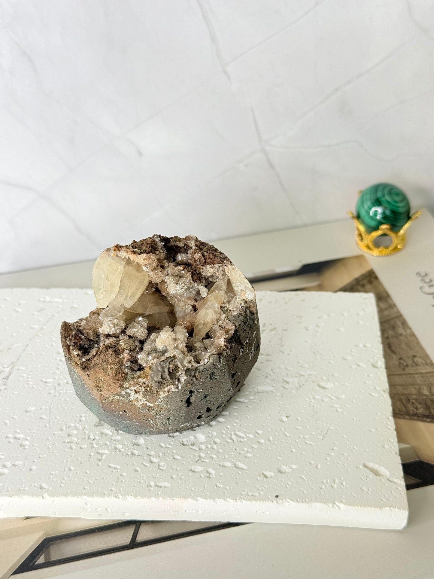 Forest Green Chalcedony with Dogtooth Calcite Raw Specimen (Jalgaon Mine, Maharashtra, India)