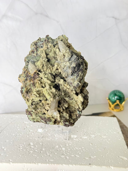 Forest Green Chalcedony with Dogtooth Calcite Raw Specimen (Jalgaon Mine, Maharashtra, India)