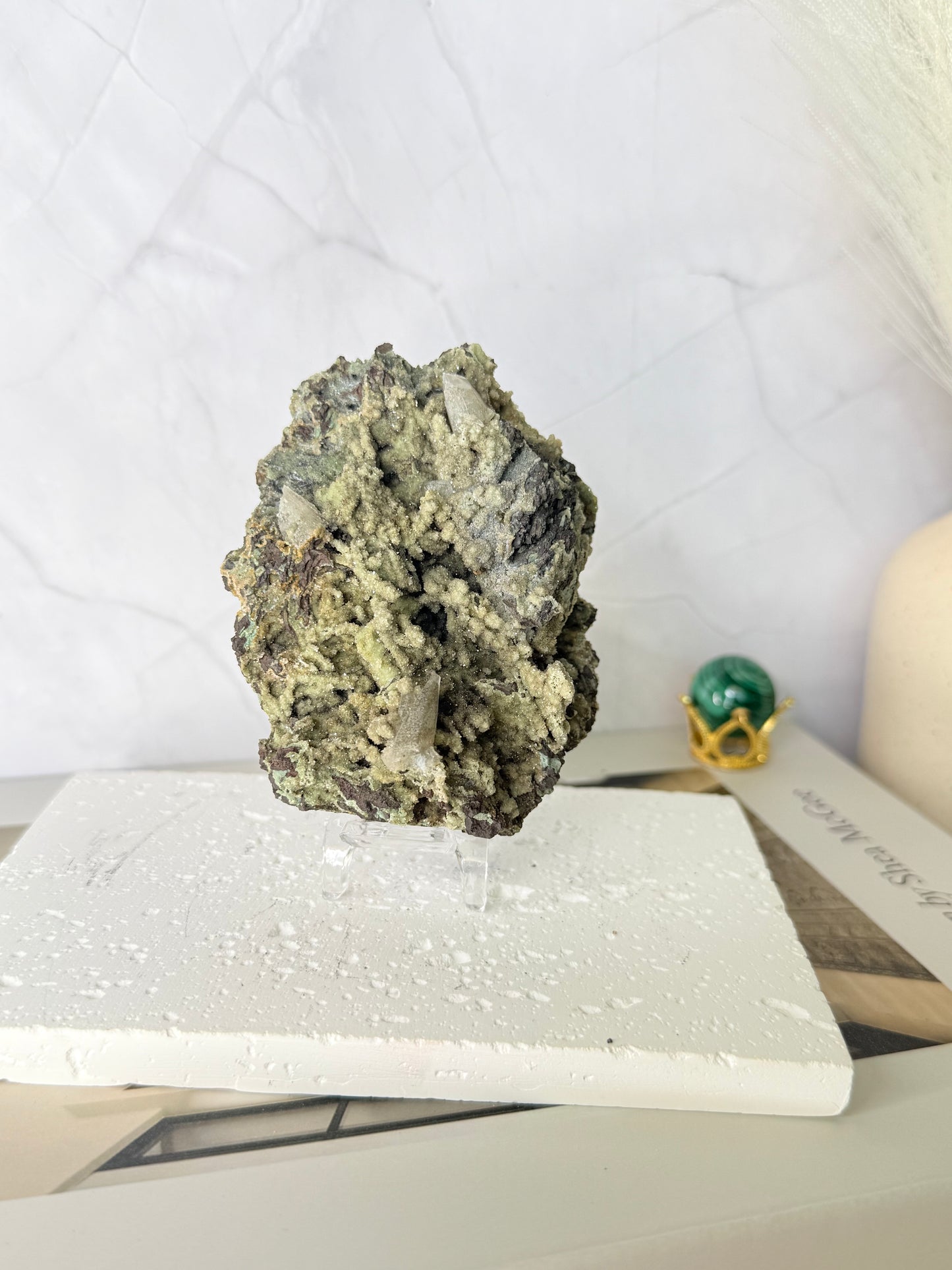 Forest Green Chalcedony with Dogtooth Calcite Raw Specimen (Jalgaon Mine, Maharashtra, India)