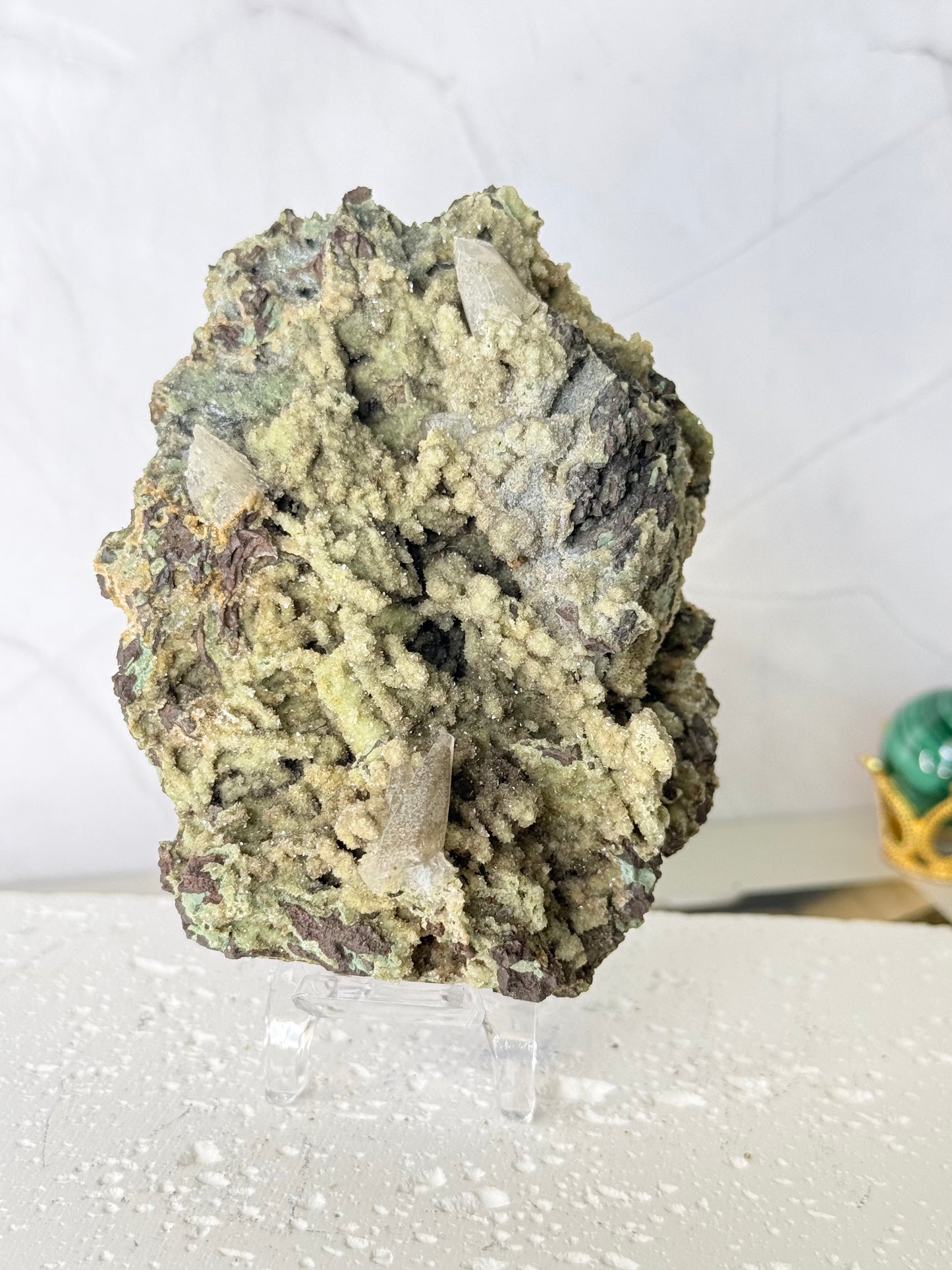 Forest Green Chalcedony with Dogtooth Calcite Raw Specimen (Jalgaon Mine, Maharashtra, India)