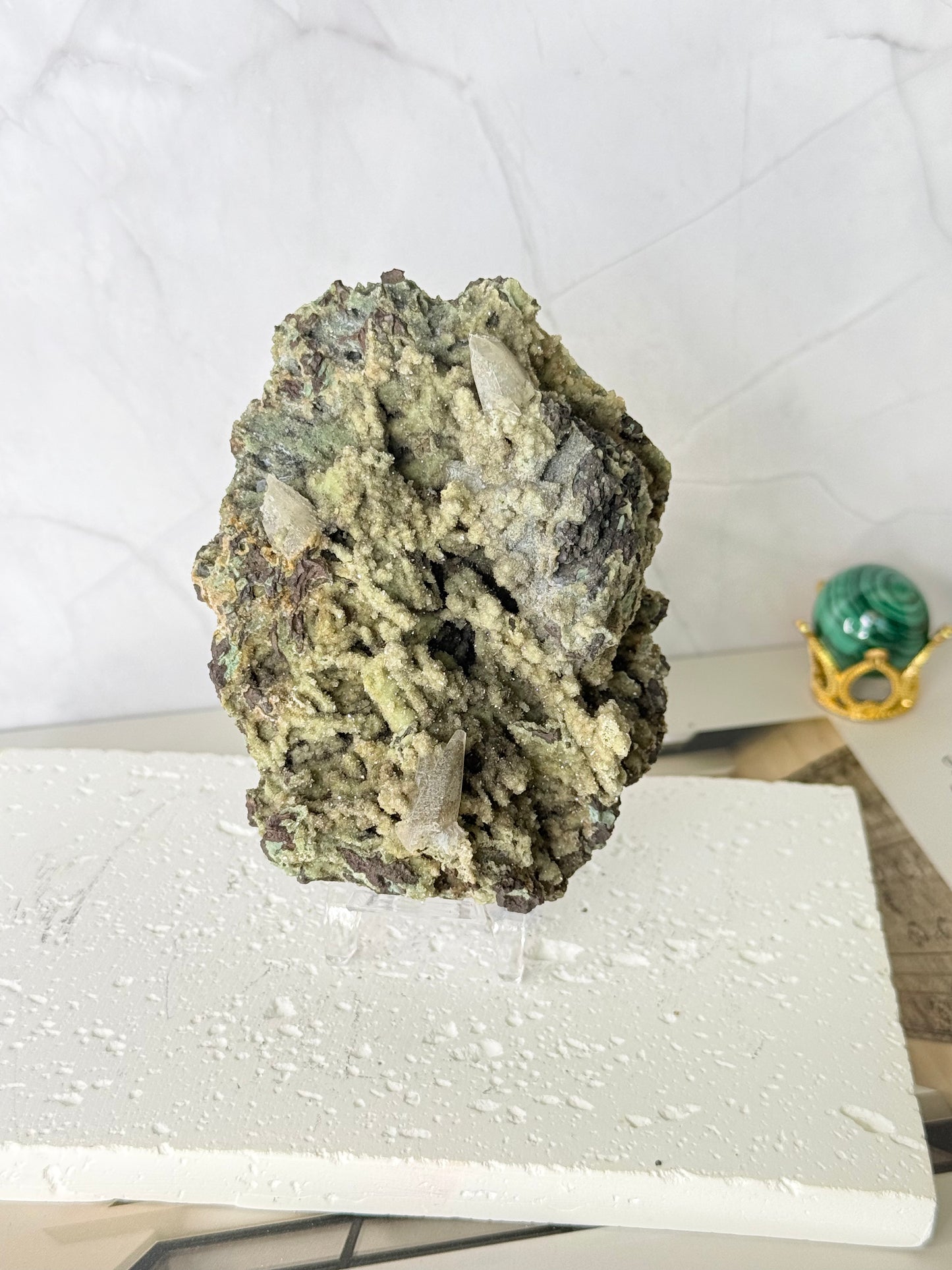 Forest Green Chalcedony with Dogtooth Calcite Raw Specimen (Jalgaon Mine, Maharashtra, India)