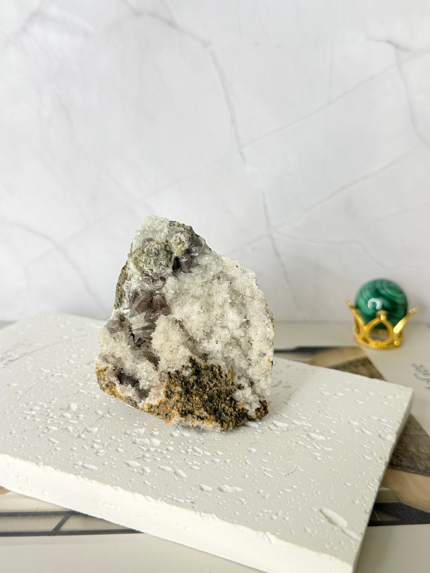 Forest Green Chalcedony with Dogtooth Calcite Raw Specimen (Jalgaon Mine, Maharashtra, India)