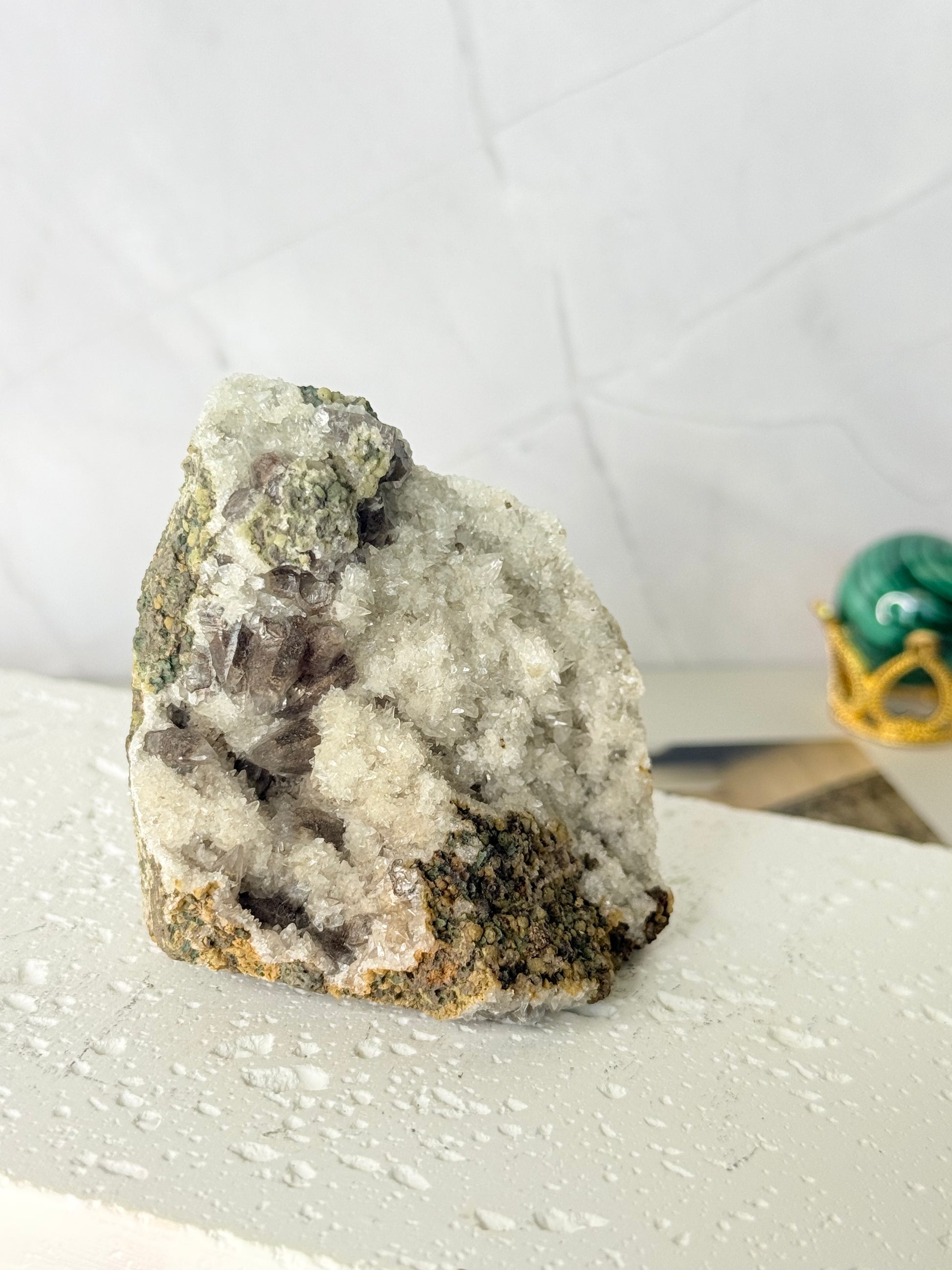 Forest Green Chalcedony with Dogtooth Calcite Raw Specimen (Jalgaon Mine, Maharashtra, India) - Auralis Crystals