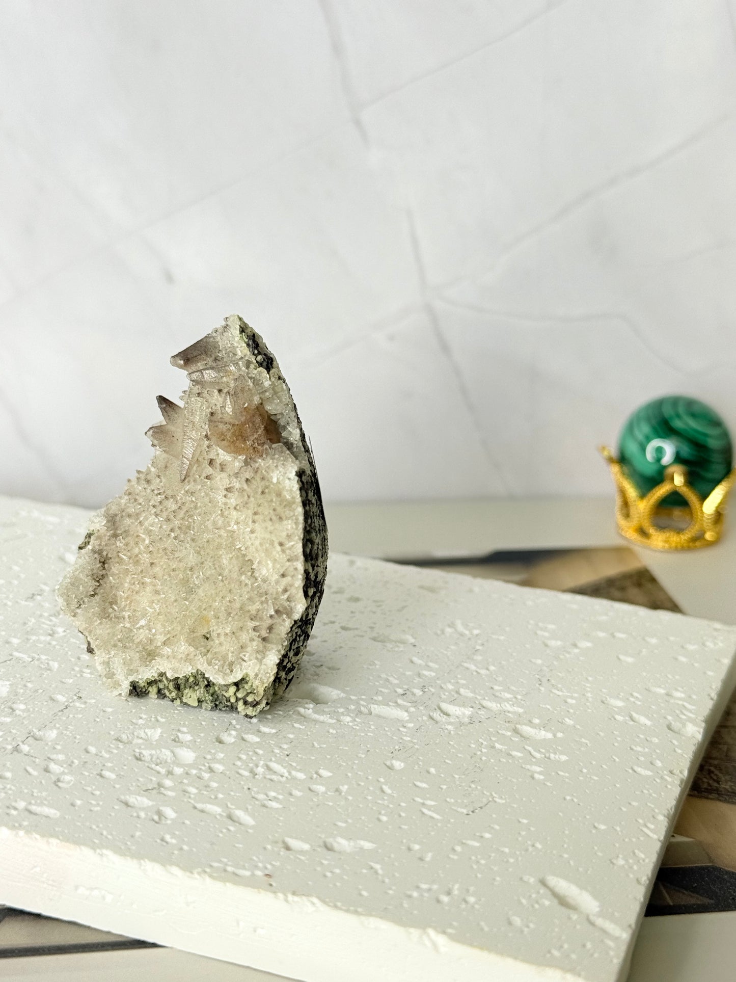 Forest Green Chalcedony with Dogtooth Calcite Raw Specimen (Jalgaon Mine, Maharashtra, India)