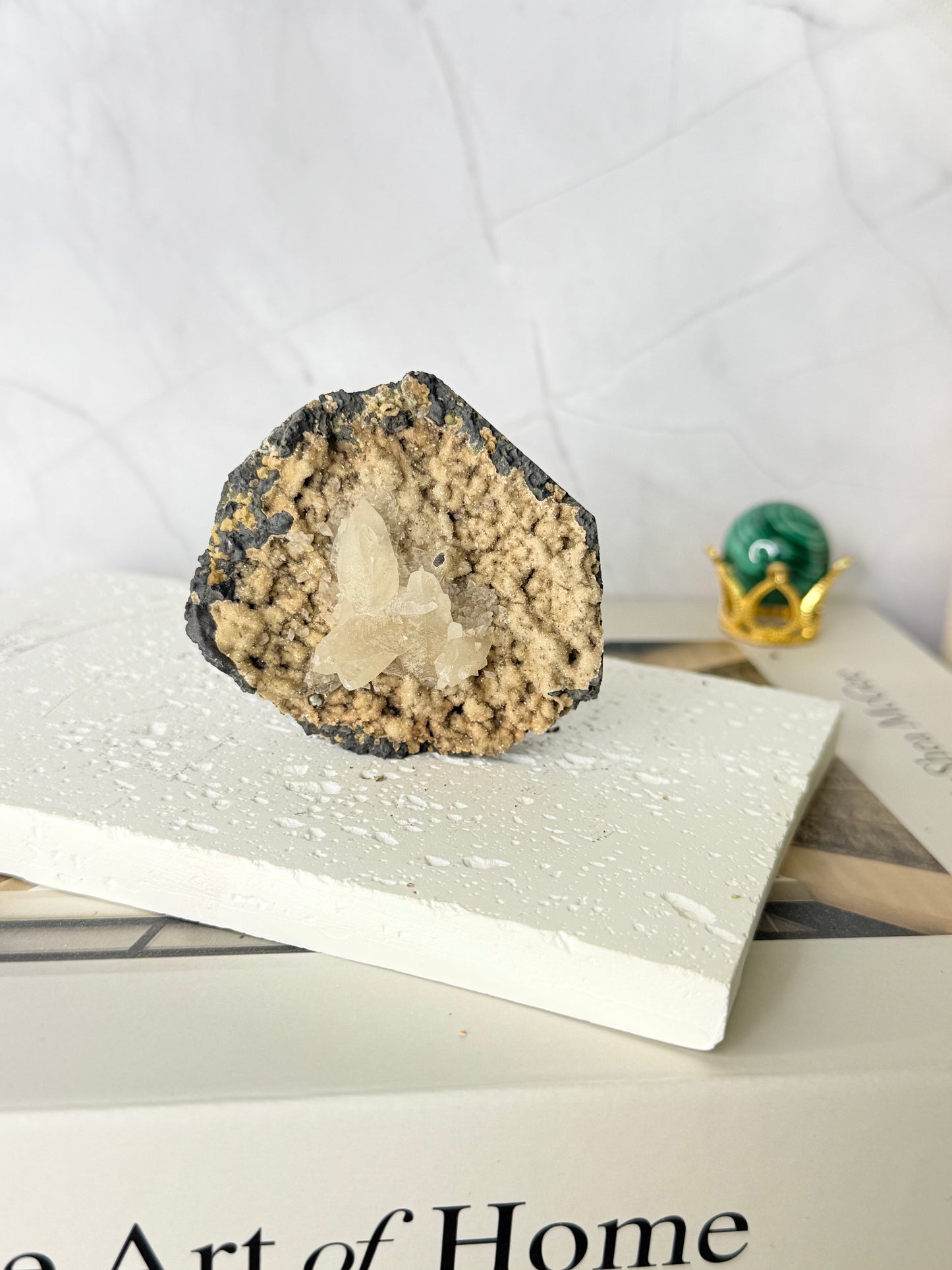 Forest Green Chalcedony with Dogtooth Calcite Raw Specimen (Jalgaon Mine, Maharashtra, India)