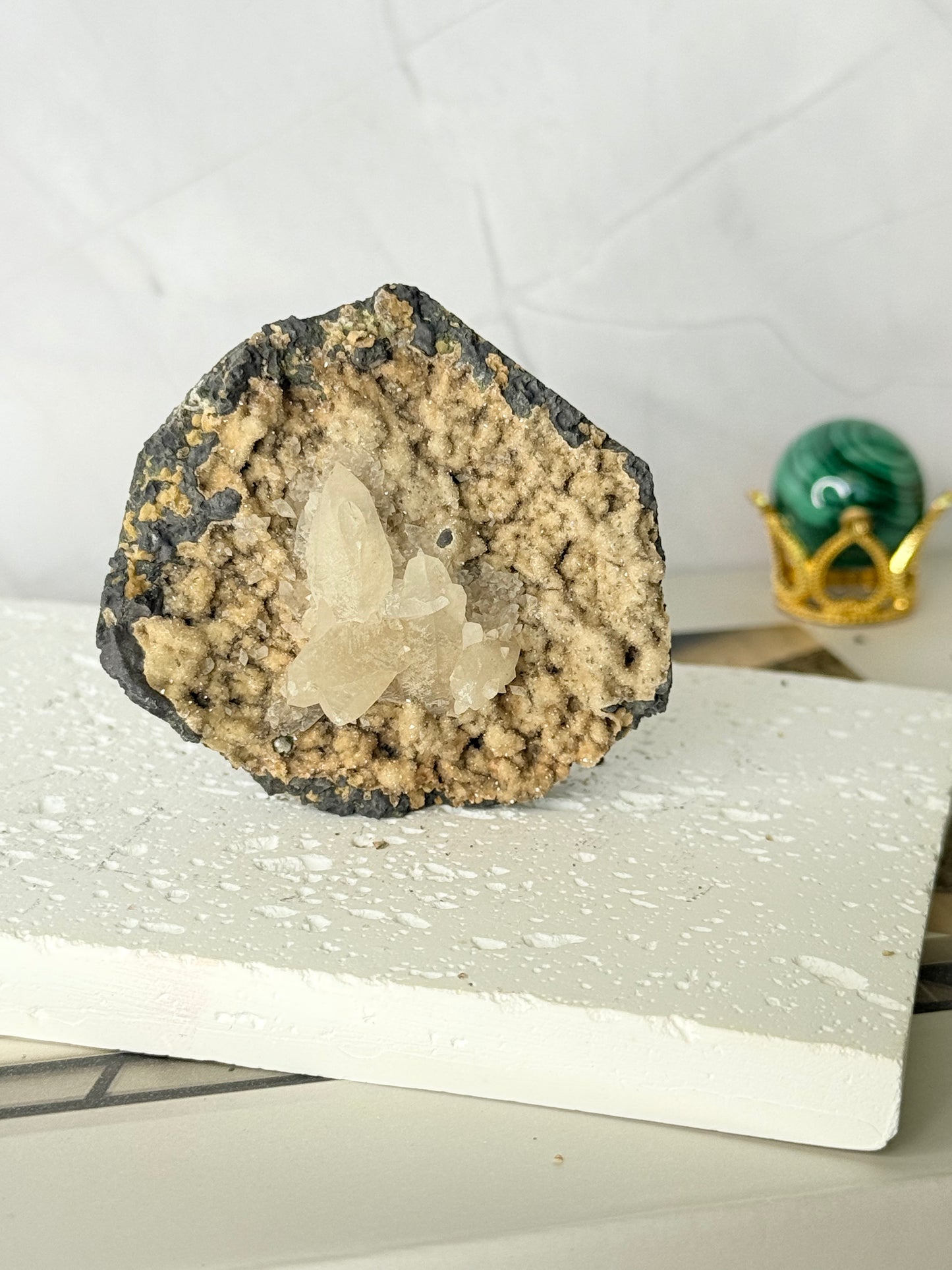 Forest Green Chalcedony with Dogtooth Calcite Raw Specimen (Jalgaon Mine, Maharashtra, India)