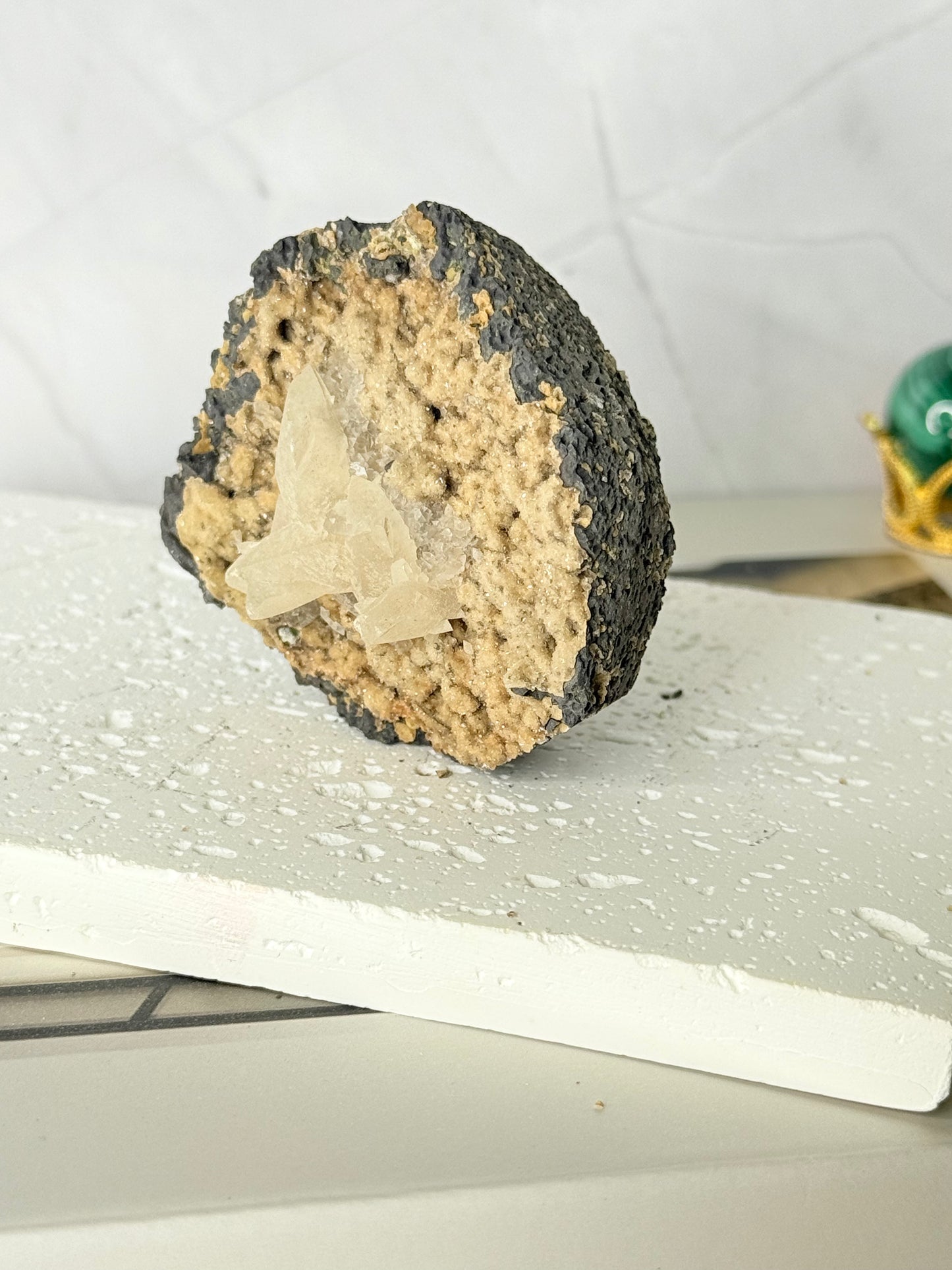 Forest Green Chalcedony with Dogtooth Calcite Raw Specimen (Jalgaon Mine, Maharashtra, India)