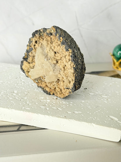 Forest Green Chalcedony with Dogtooth Calcite Raw Specimen (Jalgaon Mine, Maharashtra, India)