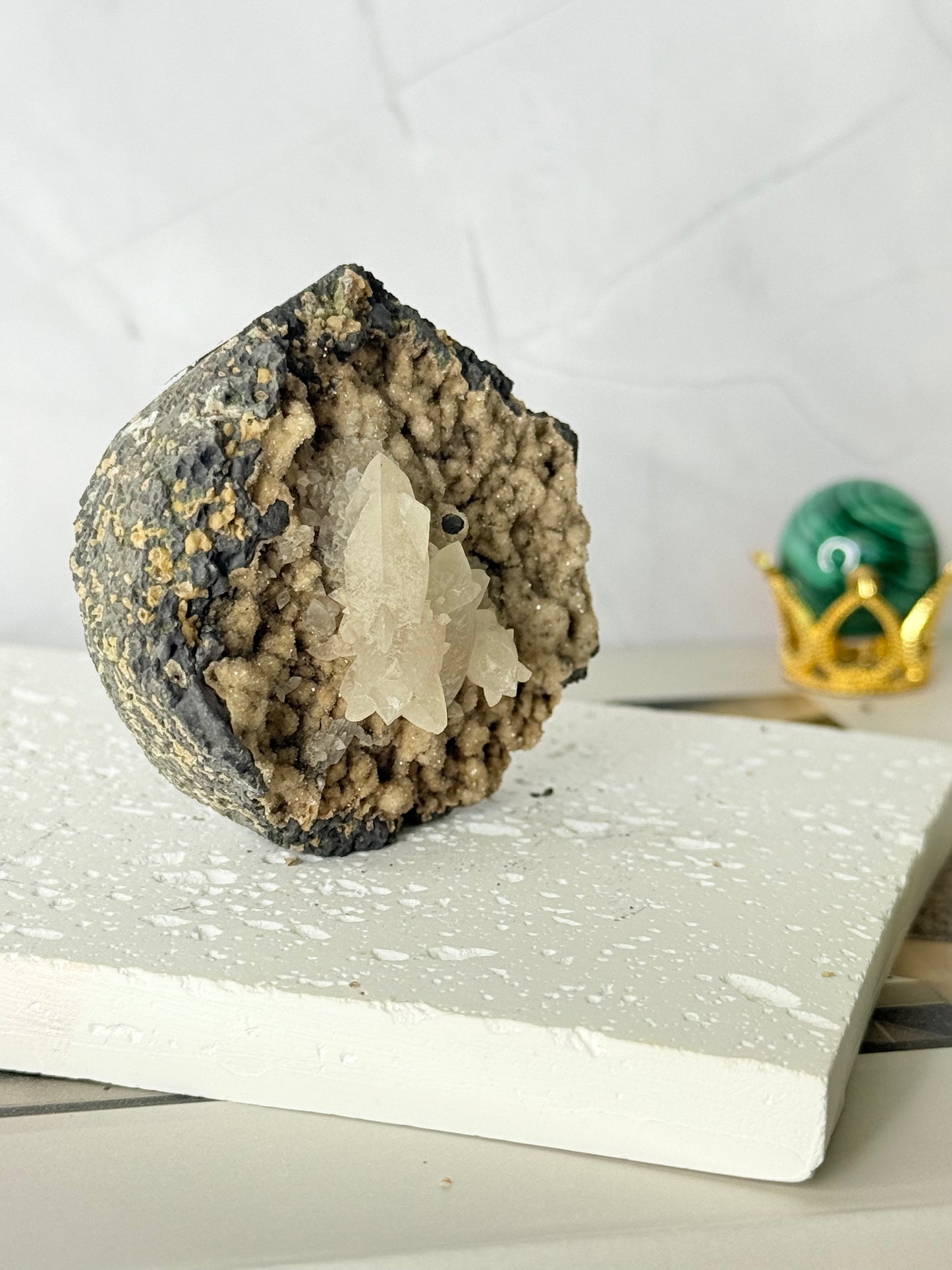 Forest Green Chalcedony with Dogtooth Calcite Raw Specimen (Jalgaon Mine, Maharashtra, India)