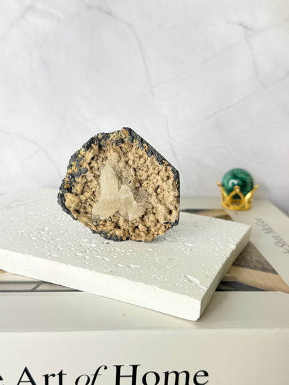 Forest Green Chalcedony with Dogtooth Calcite Raw Specimen (Jalgaon Mine, Maharashtra, India)