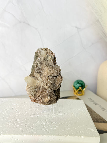 Forest Green Chalcedony with Dogtooth Calcite Raw Specimen (Jalgaon Mine, Maharashtra, India)