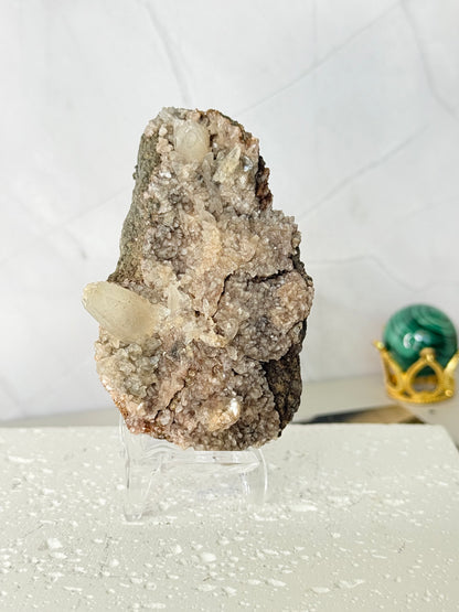 Forest Green Chalcedony with Dogtooth Calcite Raw Specimen (Jalgaon Mine, Maharashtra, India)