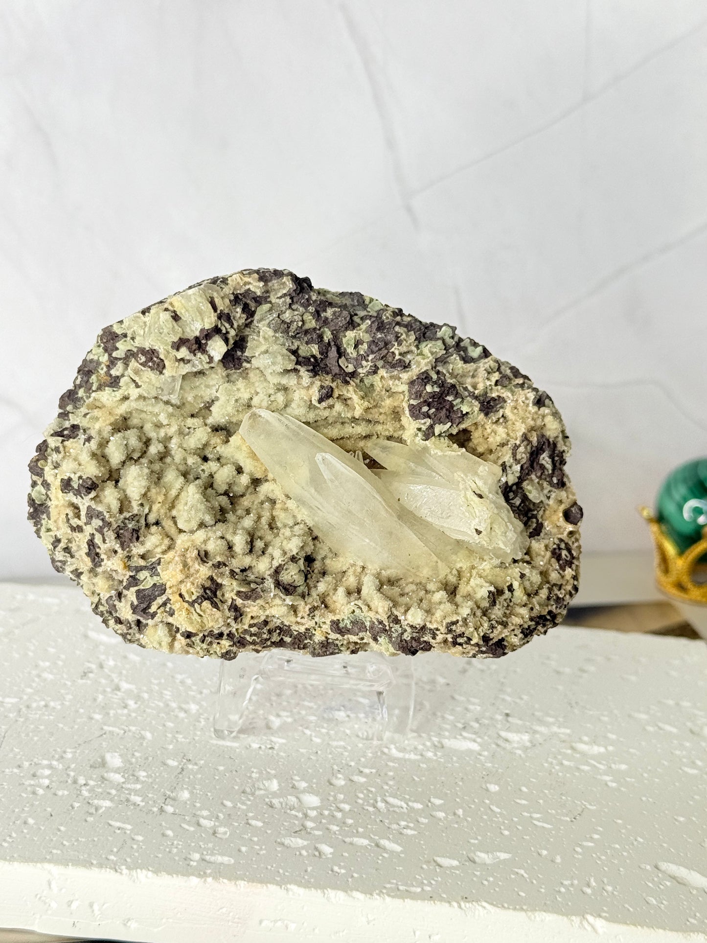 Forest Green Chalcedony with Dogtooth Calcite Raw Specimen (Jalgaon Mine, Maharashtra, India)