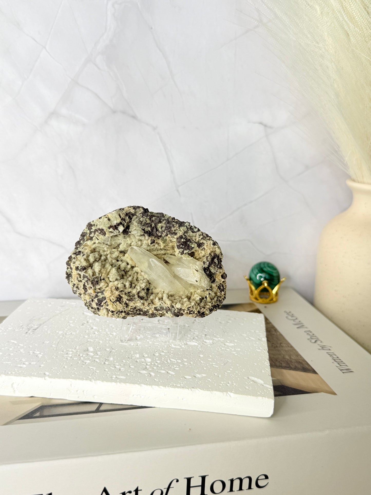 Forest Green Chalcedony with Dogtooth Calcite Raw Specimen (Jalgaon Mine, Maharashtra, India)