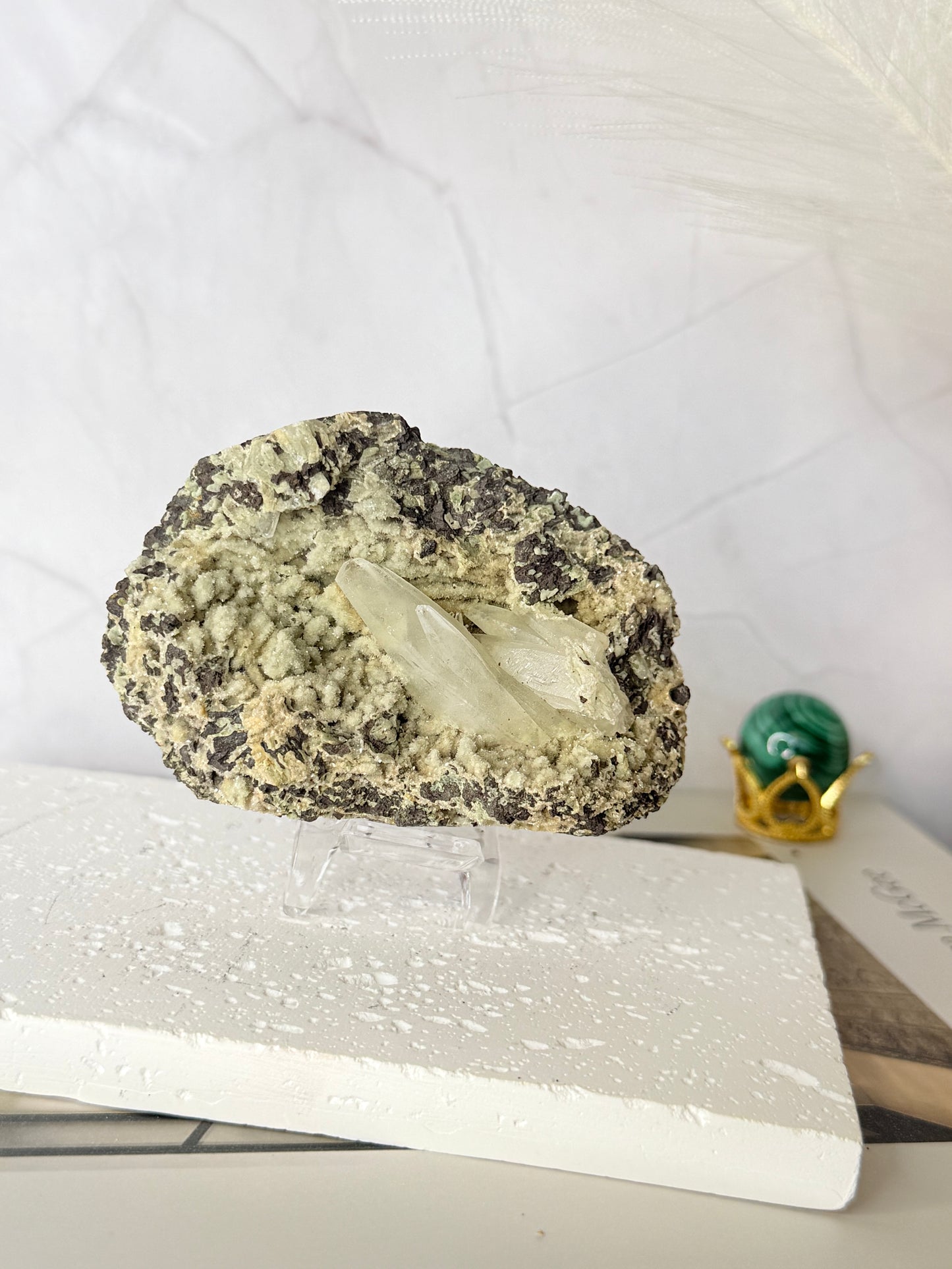 Forest Green Chalcedony with Dogtooth Calcite Raw Specimen (Jalgaon Mine, Maharashtra, India)