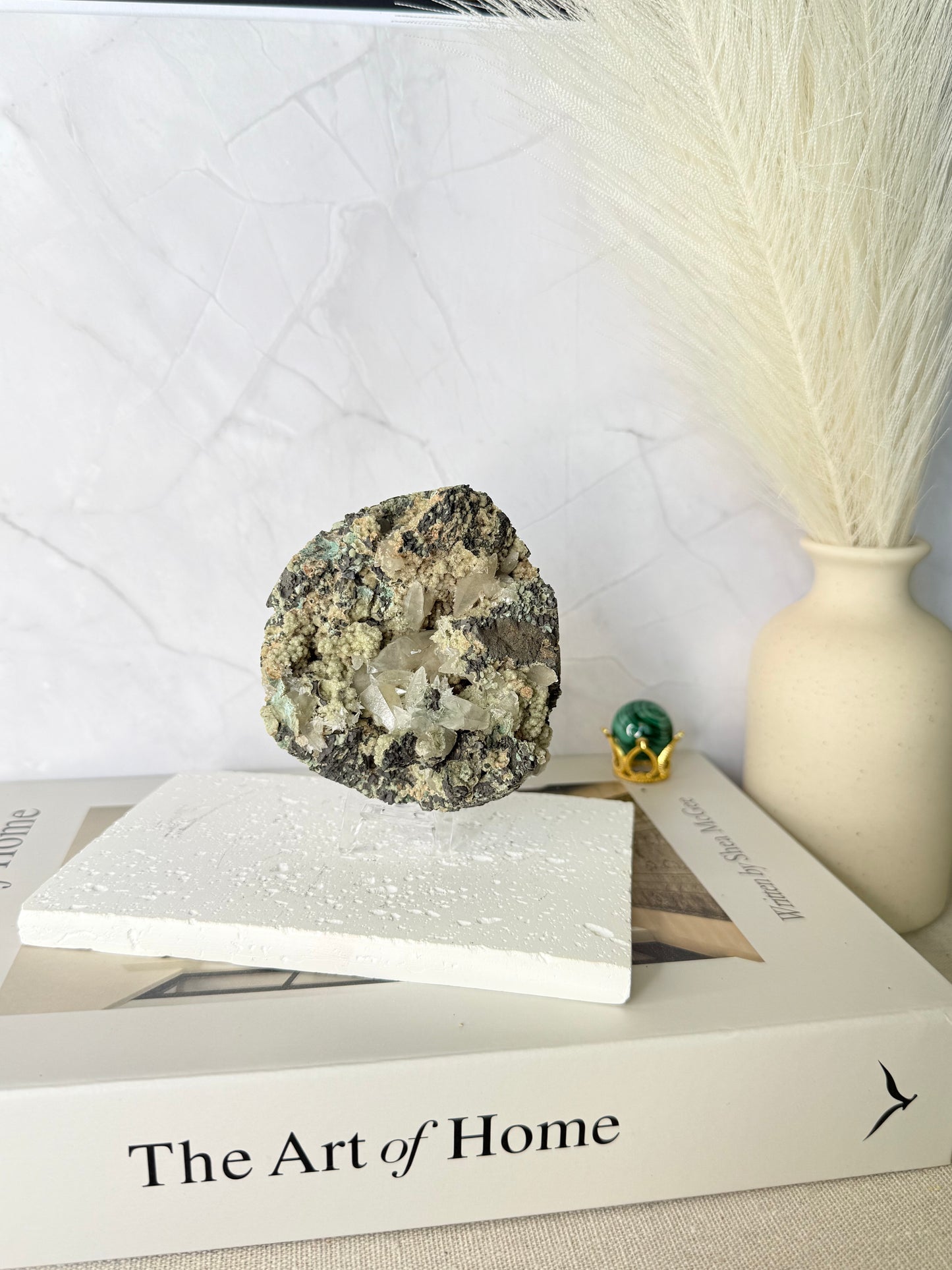 Forest Green Chalcedony with Dogtooth Calcite Raw Specimen (Jalgaon Mine, Maharashtra, India)