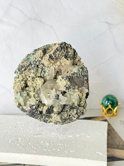 Forest Green Chalcedony with Dogtooth Calcite Raw Specimen (Jalgaon Mine, Maharashtra, India)