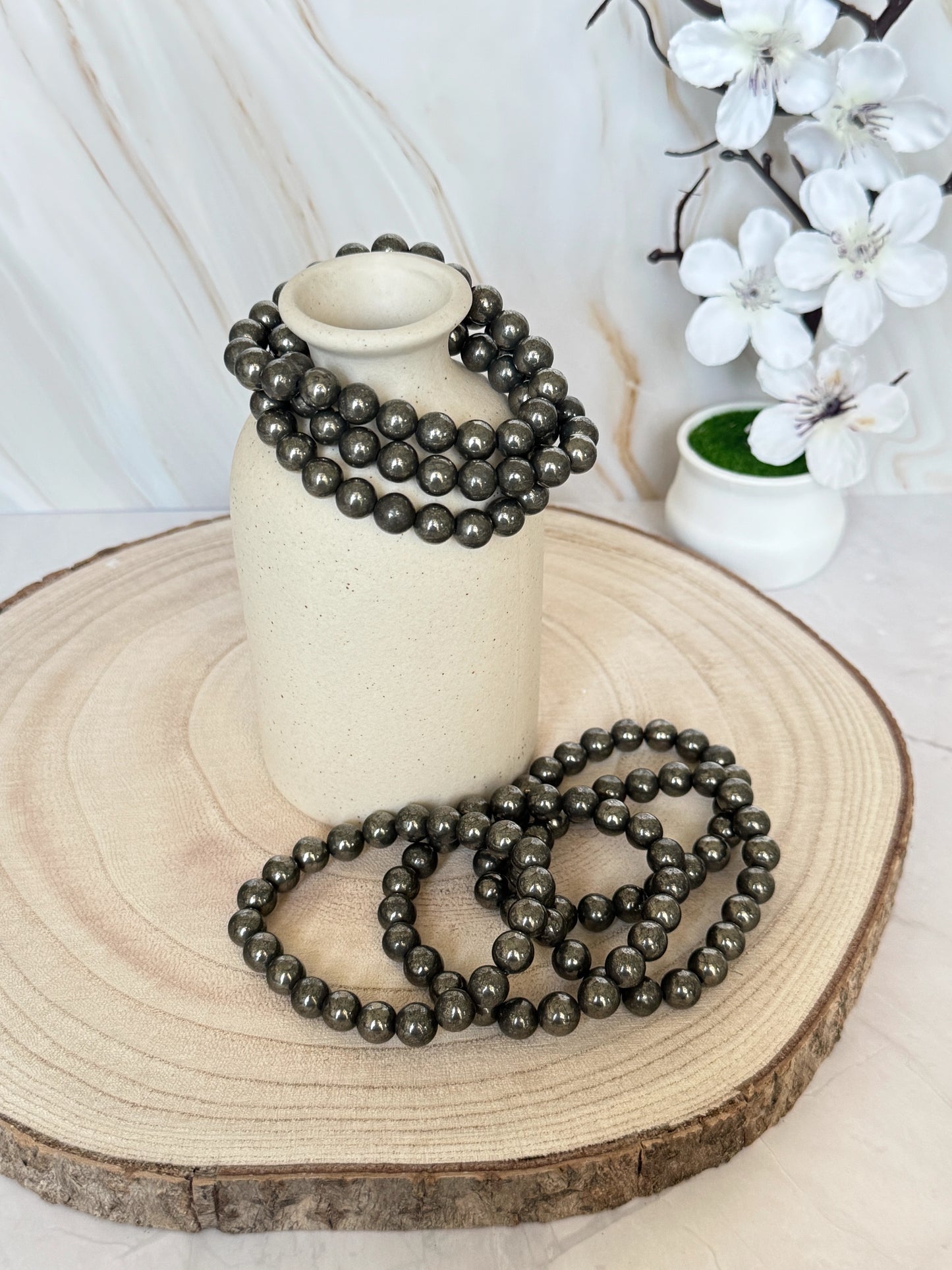 Natural Pyrite Bead Bracelet | Stone of Confidence & Abundance | Crystal Jewellery