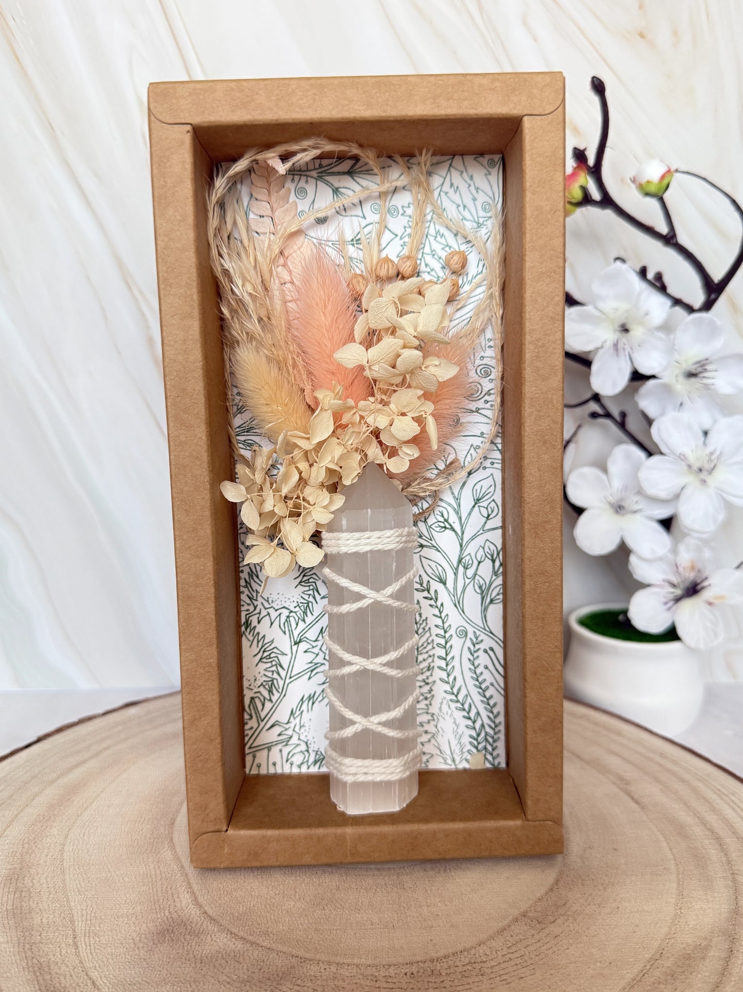 Selenite Crystal Point Bouquet | Blush Dried Flower & Crystal Gift Box | Boho Crystal Gift
