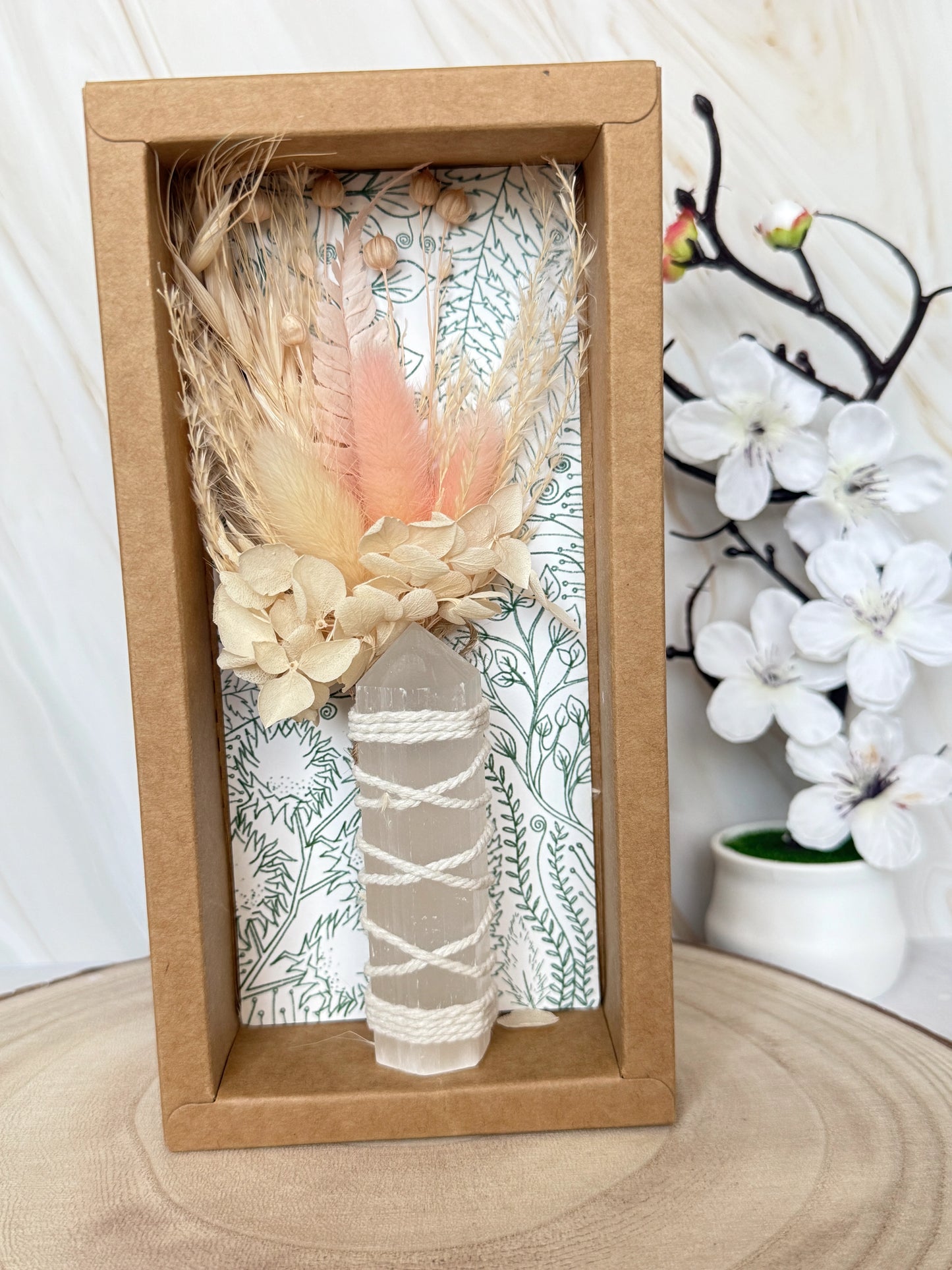 Selenite Crystal Point Bouquet | Blush Dried Flower & Crystal Gift Box | Boho Crystal Gift