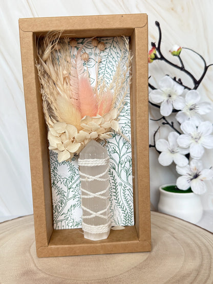 Selenite Crystal Point Bouquet | Blush Dried Flower & Crystal Gift Box | Boho Crystal Gift