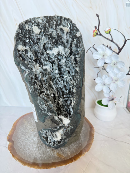 Black Chalcedony Geode with White Prehnite & Apophyllite Crystal Growths | Large Rare Specimen