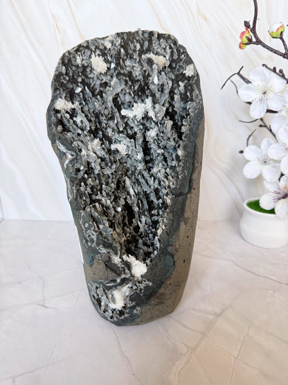 Black Chalcedony Geode with White Prehnite & Apophyllite Crystal Growths | Large Rare Specimen