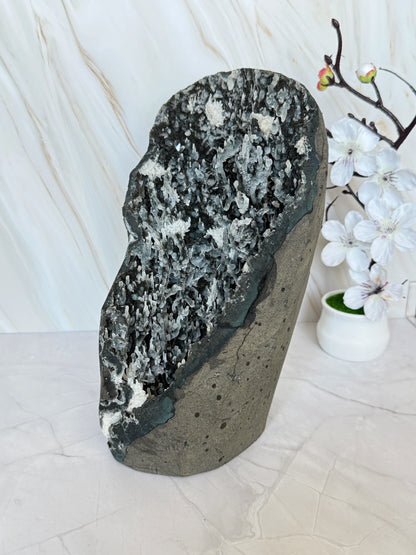 Black Chalcedony Geode with White Prehnite & Apophyllite Crystal Growths | Large Rare Specimen