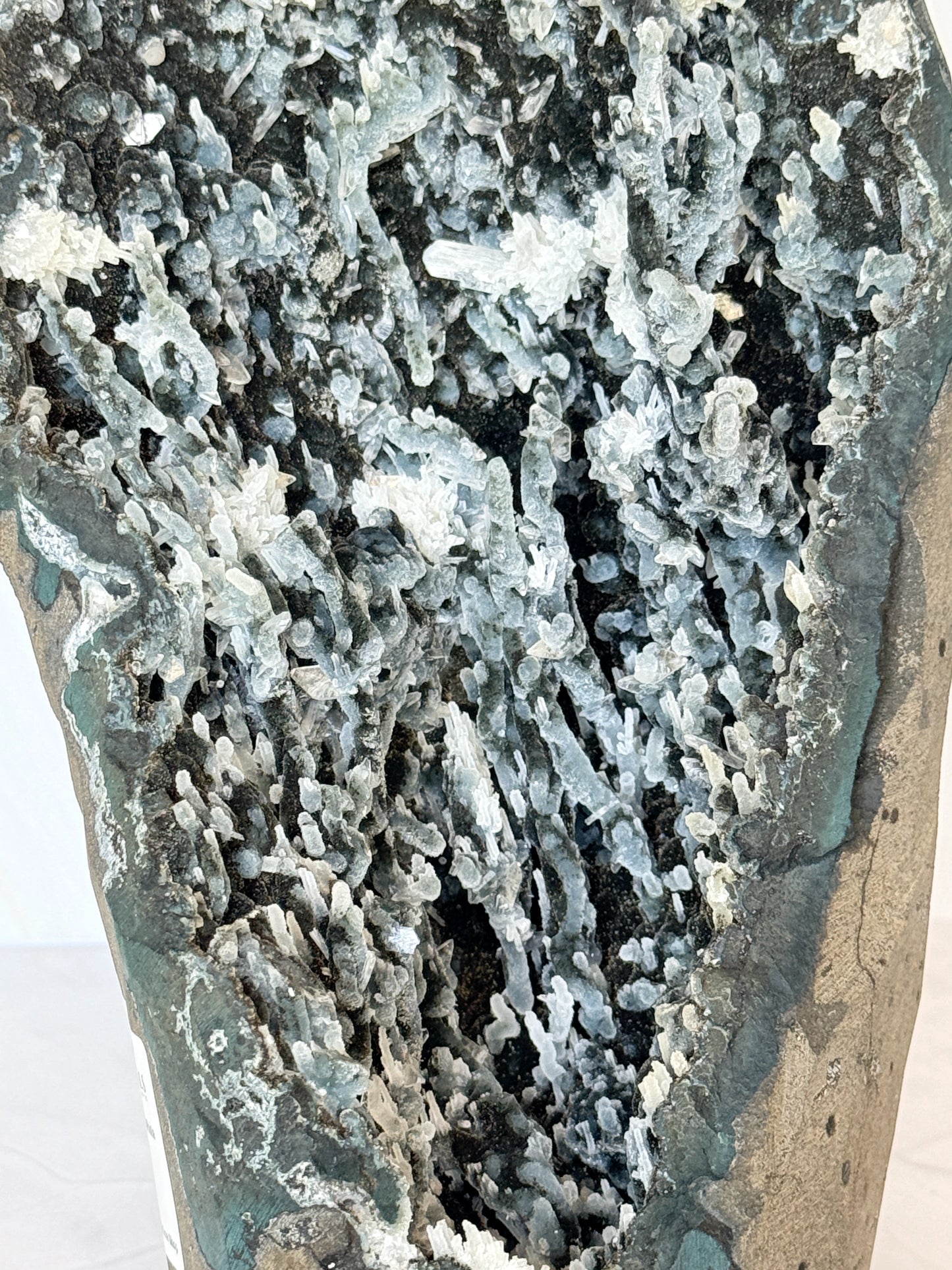 Black Chalcedony Geode with White Prehnite & Apophyllite Crystal Growths | Large Rare Specimen