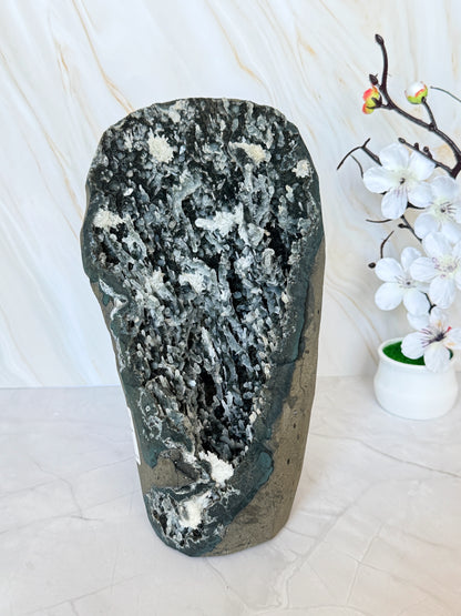 Black Chalcedony Geode with White Prehnite & Apophyllite Crystal Growths | Large Rare Specimen