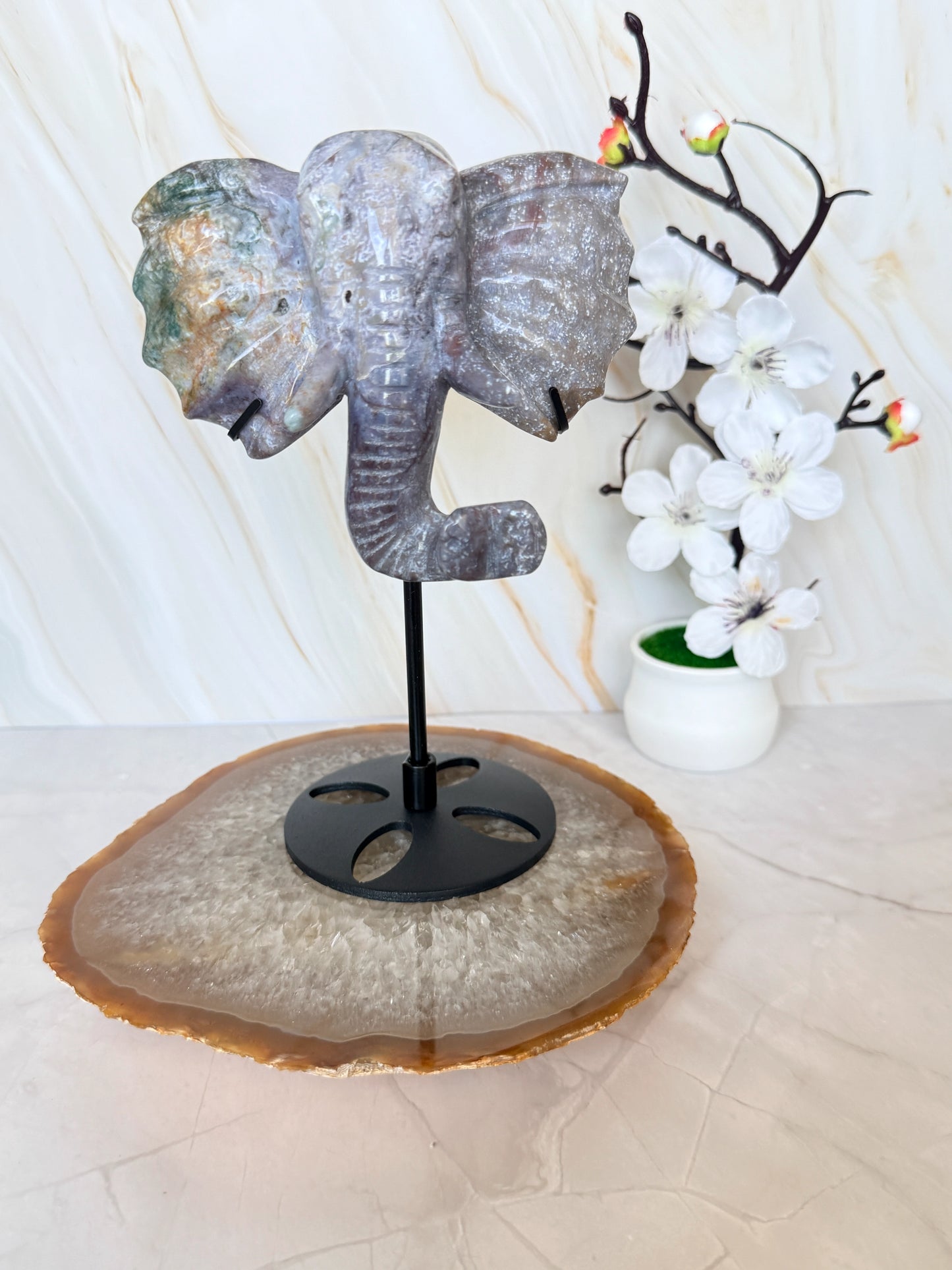Ocean Jasper & Moss Agate Elephant Head Crystal Carving on Stand | Wisdom & Luck Sculpture