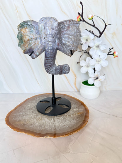 Ocean Jasper & Moss Agate Elephant Head Crystal Carving on Stand | Wisdom & Luck Sculpture