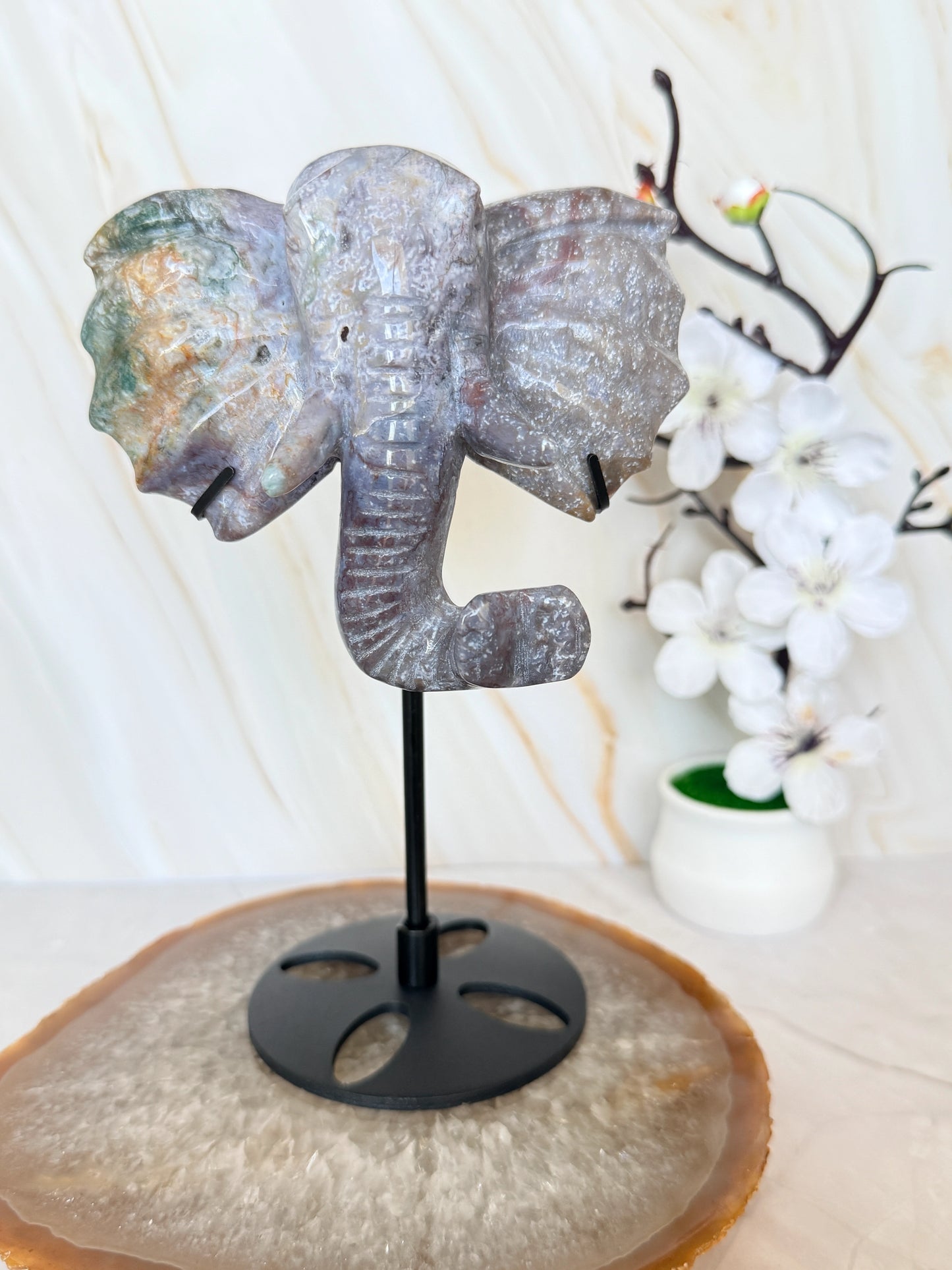 Ocean Jasper & Moss Agate Elephant Head Crystal Carving on Stand | Wisdom & Luck Sculpture