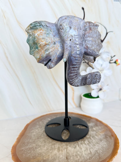 Ocean Jasper & Moss Agate Elephant Head Crystal Carving on Stand | Wisdom & Luck Sculpture