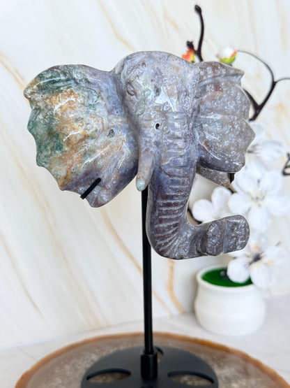 Ocean Jasper & Moss Agate Elephant Head Crystal Carving on Stand | Wisdom & Luck Sculpture
